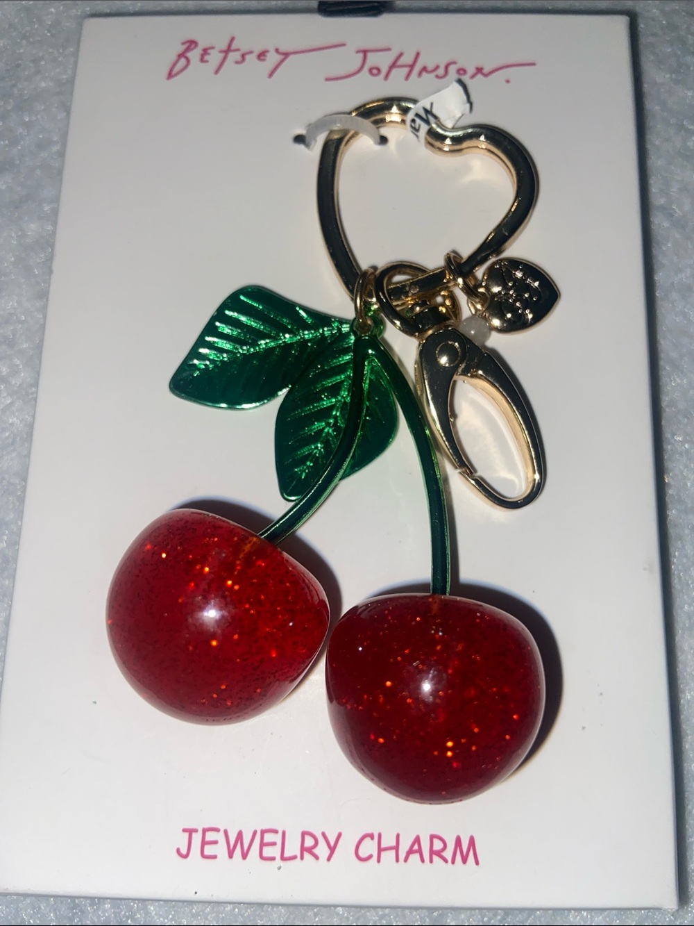 Betsey Johnson Red Cherry Pendant Key Charm with Green Leaves 3-1/2”